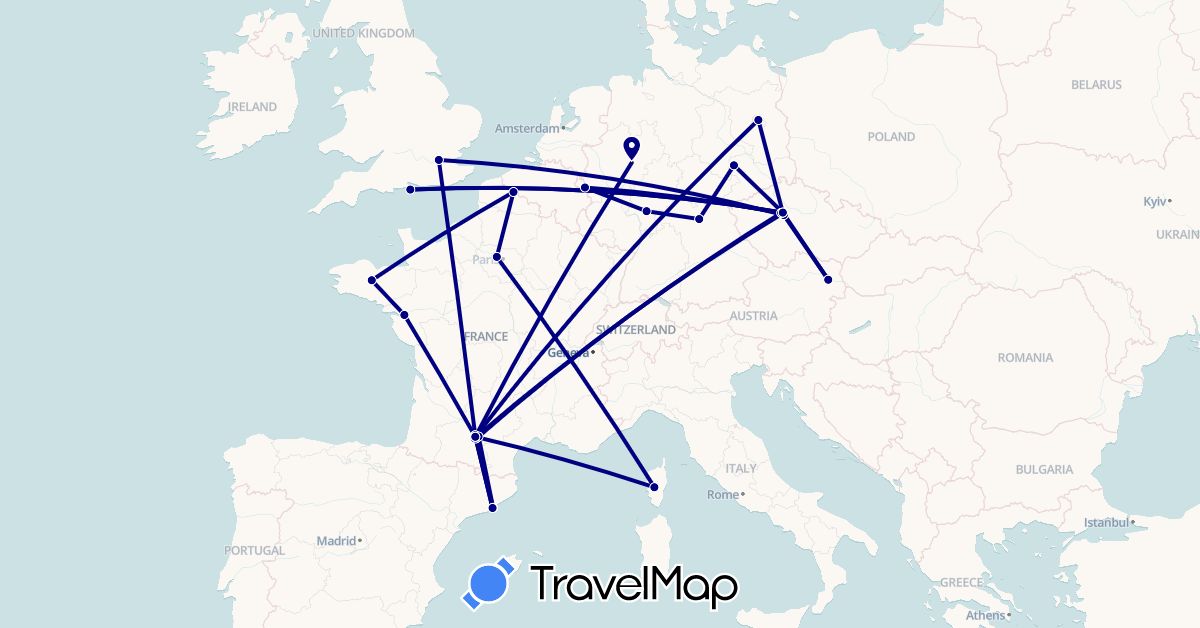 TravelMap itinerary: driving in Austria, Czech Republic, Germany, Spain, France, United Kingdom (Europe)